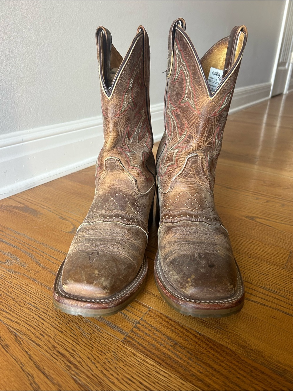 Double H Men's Distressed Brown Leather Western Boots with Red Stitching Accents